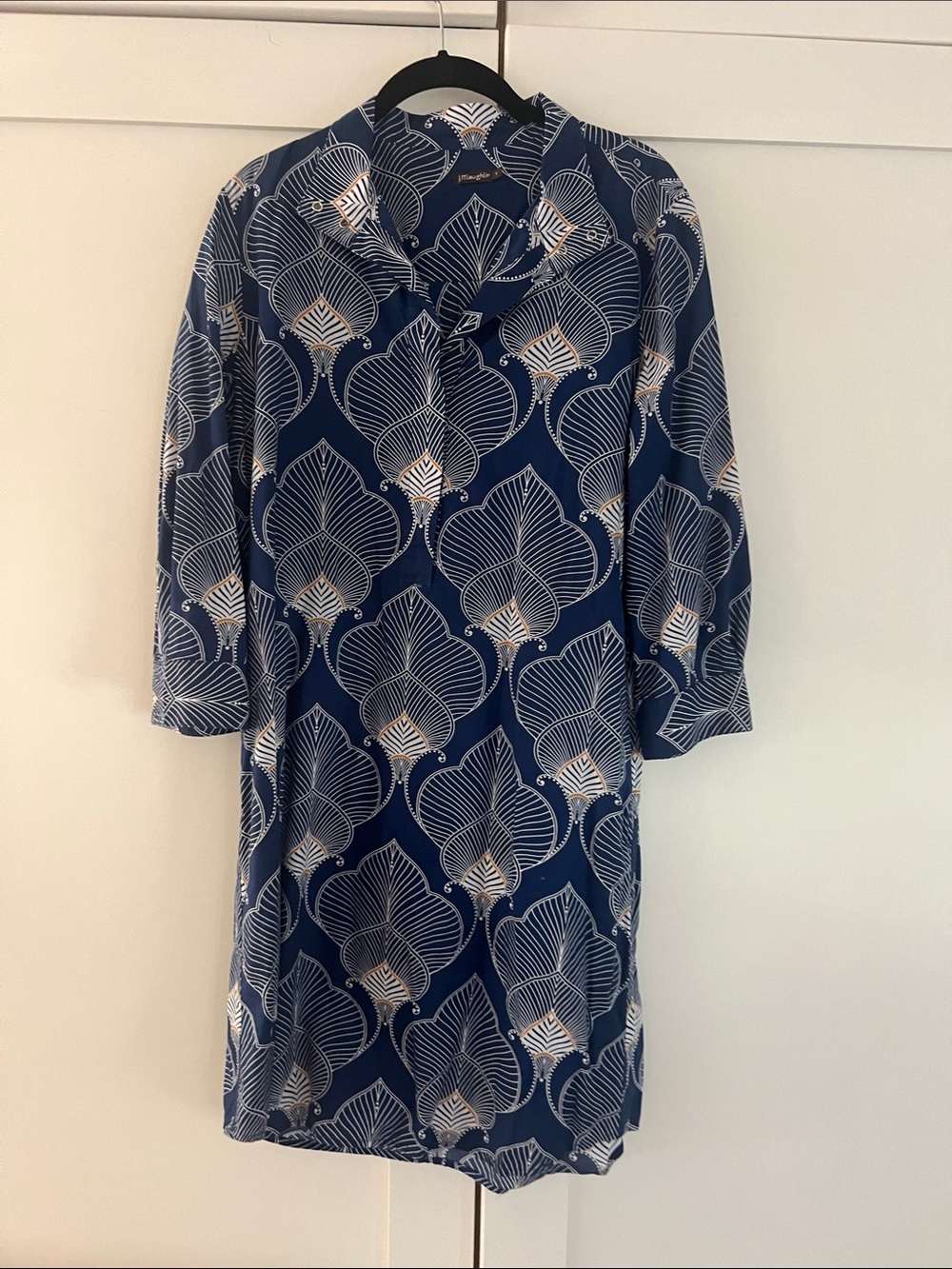J. McLaughlin Navy and White Leaf-Print Midi Dress